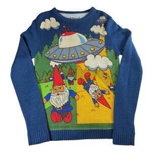 Toddland Sweater Small Gnome Place Like Home Blue Aliens UFO Wool Blend Pop Art